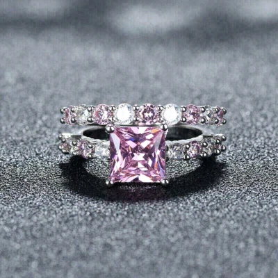 3Kt Princess Rosa Diamant Hochzeit Braut Ring Set Verlobungsring Weißgold-Finish - Bild 1 von 4