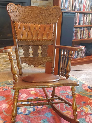 Beautiful Refurbished Oak Rocker, Elaborate Pressed-back design, padded seat Cover