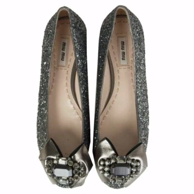 MIU MIU RARE PEWTER GLITTER BOW CRYSTALS EMBELLISHED FLATS EU 39 I LOVE SHOES - Image 1 of 4