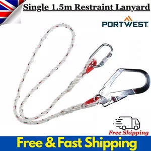 Portwest Single 1.5m Restraint Lanyard Safety Herness rope with a scaffold hook - Picture 1 of 4