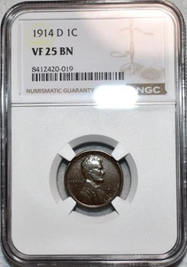 NGC VF-25 BN 1914-D Lincoln Cent, Strongly Detailed, Chocolate-Brown, Key-Date! - Picture 1 of 2