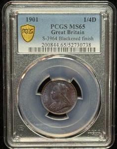 1901 Great Britain 1/4D PCGS MS65 Blackened Finish-738 - Picture 1 of 2