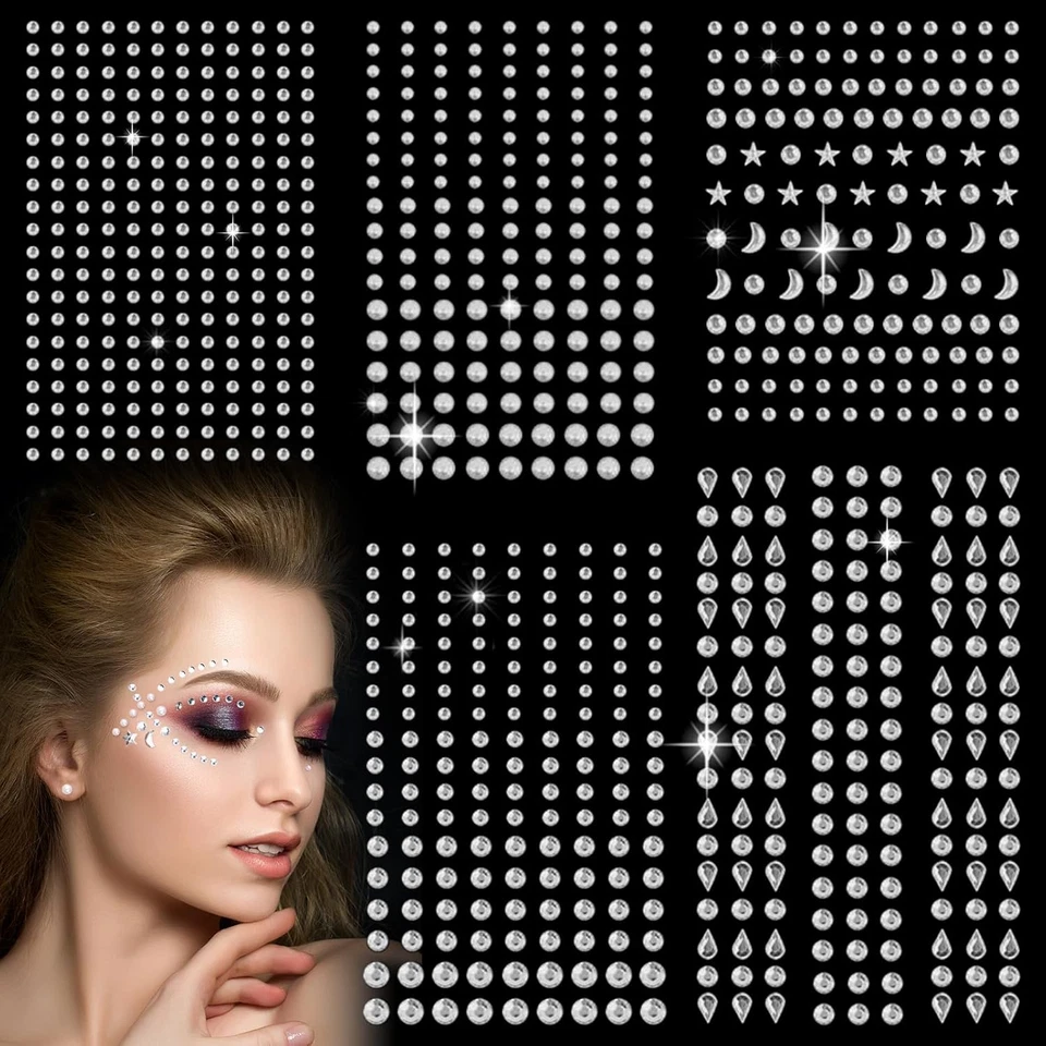 850 Pz Brillantini Viso, 5 Fogli Strass Viso, Argento Brillantini Make Up, Brill - Immagine 1 di 4