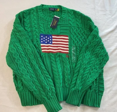 $248 POLO Ralph Lauren Verde Algodón Aran Cable Bandera de Estados Unidos Suéter de Gran Tamaño XL Foto 1 de 4