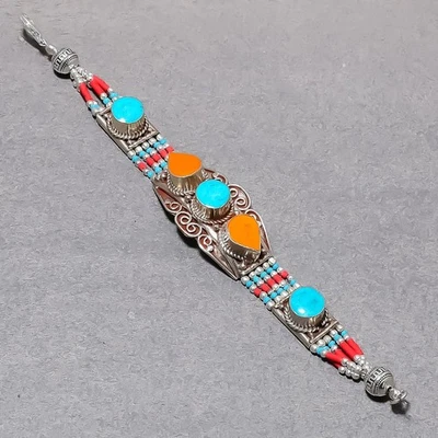 Подарочный непальский ювелирный браслет ручной работы из тибетской бирюзы желтого коралла 7 дюймов SR 3331 - Изображение 1 из 4