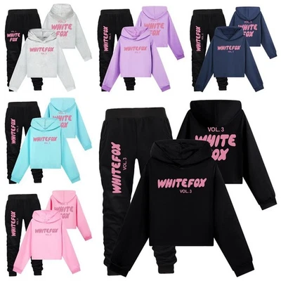 Kids White Print Foxes Casual Cropped Hoodie Pants Suit Sweatshirt Hoody Tops AU - image 1 of 2