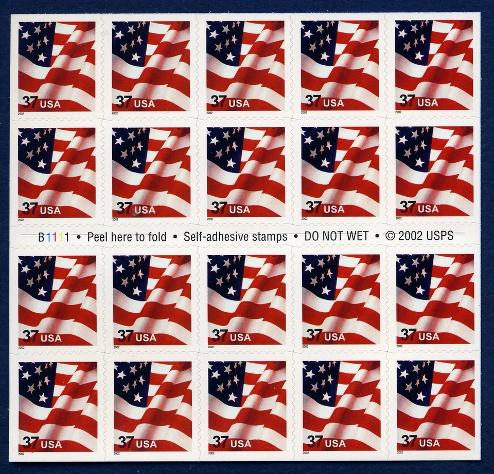 US 2002 Flag Stamp 37 cent Booklet of 20 (3623) . Mint Never Hinged - Image 1 of 1
