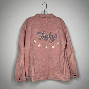 Fantastic Fawn Pink Denim Jacket Embroidered "Lucky” on the Back Western Size L - Picture 1 of 7