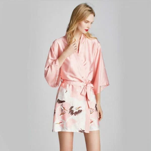 Women Crane Bathrobe Silk Satin Robe Kimono Yukata Outwear Sleepwear Coat Loose - Picture 1 of 9