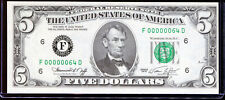 1974 $5 Federal Reserve Note Uncirculated Ultra Low 2 Digit Serial #f00000064d