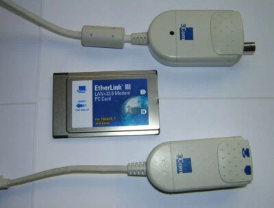 3Com EtherLink III PCMCIA Ethernet LAN + Modem PC Card 3C562D with Dongle Cables - Image 1 of 2