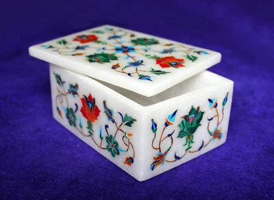 4" x 3" Marble Box Semi Precious Stones inlay Work handmade home decor - Image 1 of 4