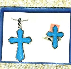 SIMULATED BLUE HOWLITE CARVED CROSS  20 IN. PENDANT NECKLACE AND RING -SIZE 6 - 