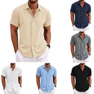 Mens Linen Style Short Sleeve Solid Shirts Casual Fit Formal Dress Top Tee Shirt - Picture 1 of 20