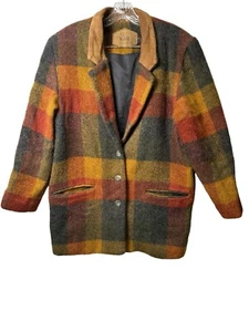 Vintage 80sWoolrich Jacket Wool Mohair Autumn Plaid Leather Collar Women's M USA - Picture 1 of 10