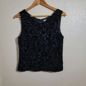 90s y2k Ann Taylor Silk Velvet Burnout Floral Tank Shell Blouse sz 8 Black - Picture 1 of 9