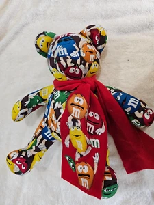 18" M & M Fabric Stuffed Teddy Bear with Red Neck Scarf Colorful Print - Picture 1 of 9