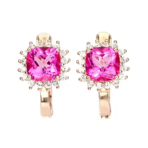 Surface Coated Cushion Pink Topaz 6mm White Topaz 925 Sterling Silver Earrings - Picture 1 of 10