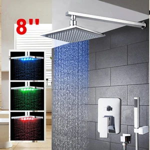 Chrome 8" Rainfall LED Bathroom Shower Faucet Mixer Valve Hand Spray Taps Units - Picture 1 of 8