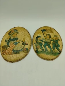 Vintage Set Of 2 Decoupage Plaster Oval Wall Art 1976 Patriotic Betsy Ross USA - Picture 1 of 5