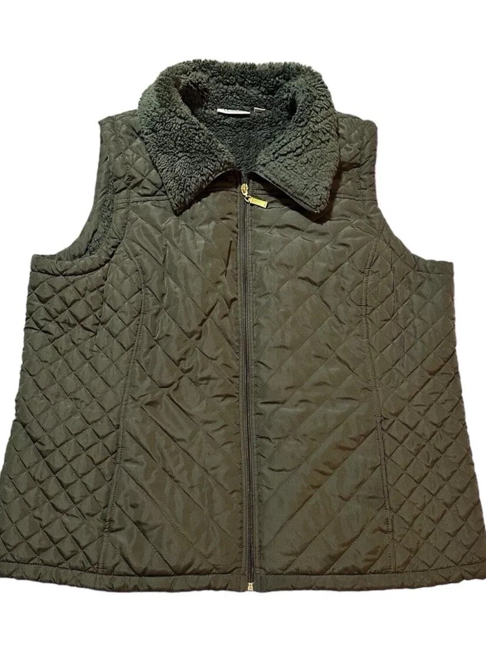 Chaleco Acolchado D&Co Imitación Piel Sherpa Forrado Mujer Talla XL Verde Oliva Profundo Cremallera Foto 1 de 4
