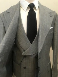 Grey 3 piece Prince of Wales super 150 Cerruti wool suit with peak lapel - Picture 1 of 11