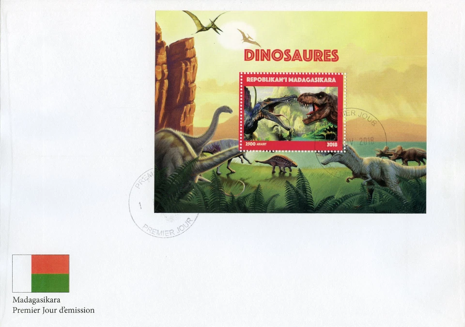 Марки Мадагаскар 2018 FDC динозавры 1v M/S обложка динозавры доисторические животные - Изображение 1 из 1