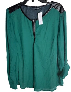 Women’s NY & Co. Green XL Top Long Sleeve With Button/Cuff Faux Leather Trim - Picture 1 of 5