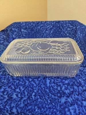 Vintage Federal Ribbed Glass Clear Refrigerator Dish Fruit Pattern Lid 5"X9" - Image 1 of 4