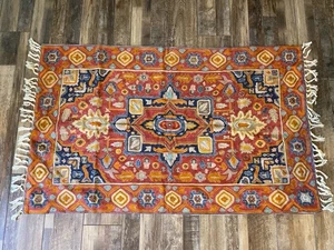 Kaschmir Wolle Bestickt Teppich 54x33 Handarbeit Rot Blau Orientteppich 2012 - Bild 1 von 5