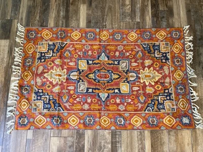 Kashmir Wool Embroidered Rug 54x33 Handcrafted Red Blue Oriental Carpet 2012 - Image 1 of 4