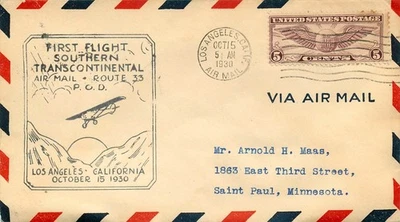 C12, 1930, FIRST FLIGHT, SOUTHERN TRANSCONTINENTAL ROUTE 33, P.O.D., Air Mail - Image 1 of 2