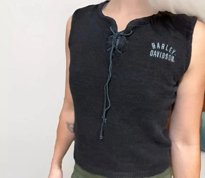 Camiseta sin mangas Harley Davidson para mujer tejida con ojal de cuero detalle de corbata talla XS  Foto 1 de 4