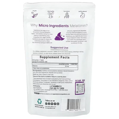 Melatonin 20 mg, 400 tablets, Micro Ingredients, ENVÍO 48 / 72 HORAS - Image 1 of 2