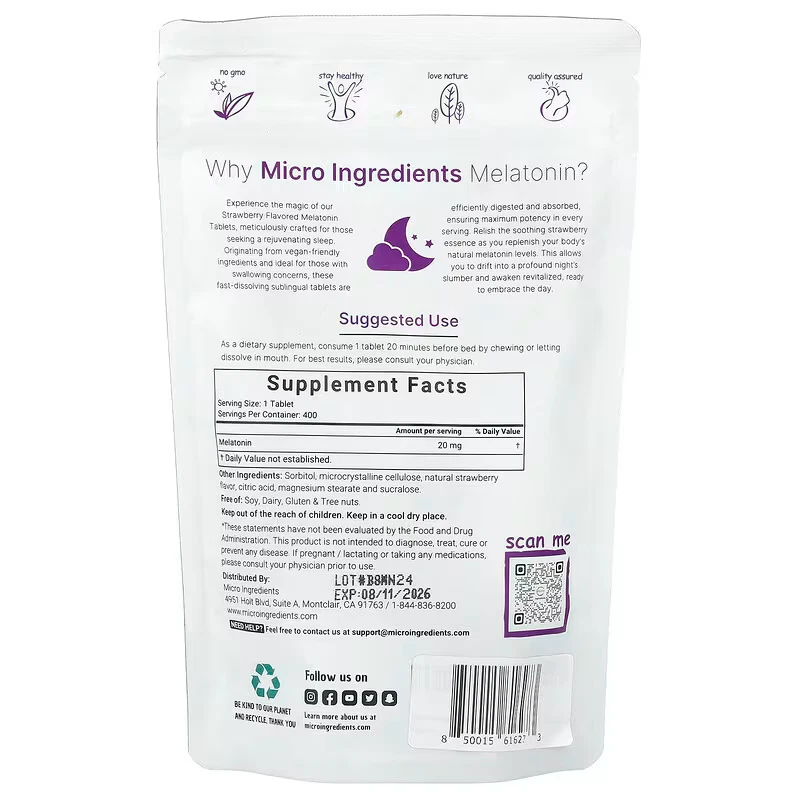Melatonin 20 mg, 400 tablets, Micro Ingredients, ENVÍO 48 / 72 HORAS - Image 1 of 2