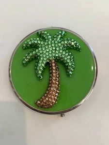 Green Palm Tree Makeup Swarovski Crystal Compact Double Mirror - Picture 1 of 7