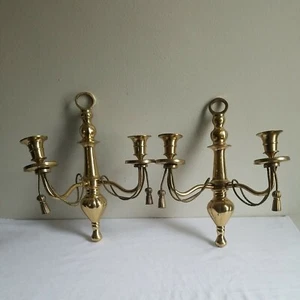 Pair Solid Brass 2 Arm Candle Holders Wall Sconce Rope Tassel Hollywood Regency - Picture 1 of 12