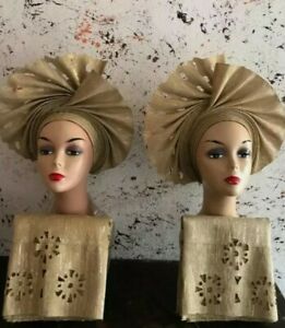Defected African Aso Oke Auto Gele WT Ipele (Shawl) GOLD Color