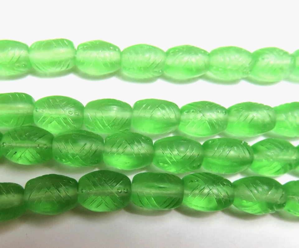 12 Pcs ~ GREEN SEMI MATTE ~ CRISS CROSS BARREL ~ 9mm x 7mm ~ CZECH GLASS BEADS - Image 1 of 1