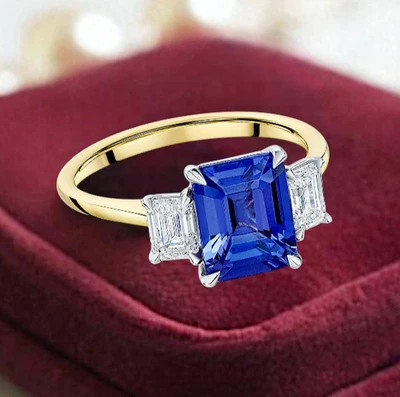 3.30CT Emerald 18K Multi Tone Gold Blue Sapphire Gemstone Lab Grown Diamond Ring - Image 1 of 4