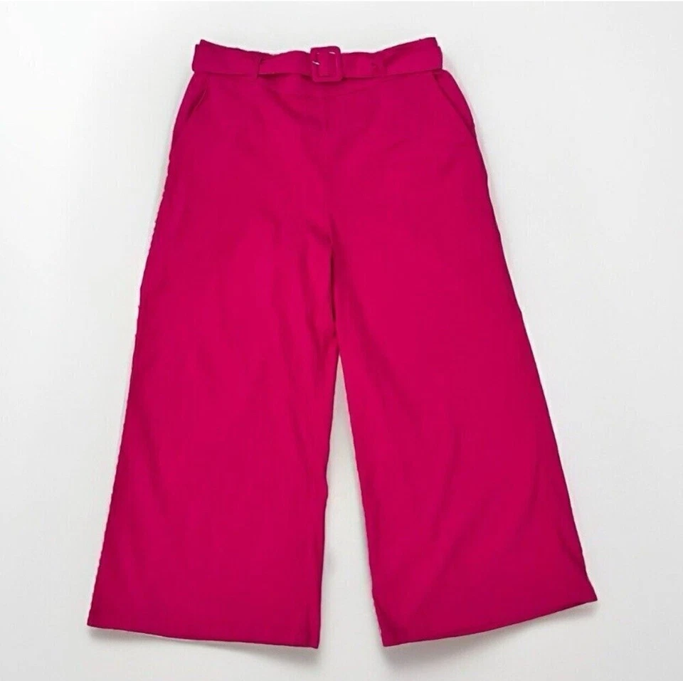 Pantalones de lino H By Halston GRANDES rosa recortados pierna ancha con cinturón para mujer Foto 1 de 4
