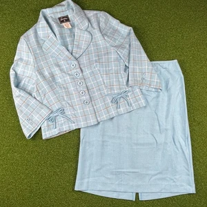 Vintage 90s Sweet Suit Blue Plaid Long Sleeve Office Skirt Suit Sz 16 - Picture 1 of 8