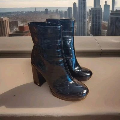 Rachel Zoe Maya Croc Embossed Black Platform Heels Ankle Boots Size 7 - Image 1 of 4