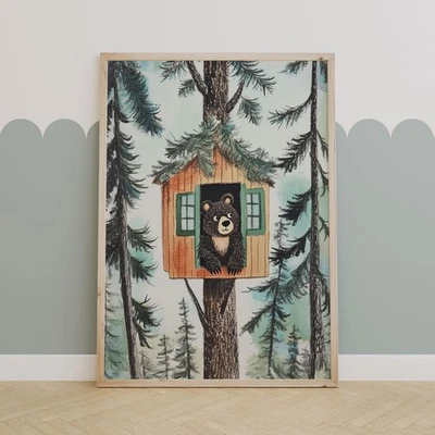 Woodland Bear Treehouse – Kids Wall Art, Baby Nursery Playroom Print - Image 1 of 4