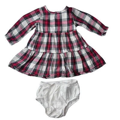 Vestido H&M Bebé Niña Rojo a Cuadros en Niveles con Flores Blancas (Cubierta de Pañal) 6 Meses Foto 1 de 4