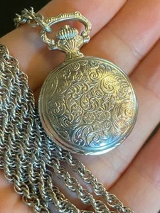 VTG SILVER TONE FLORAL ARNEX 17 JEWELS INCABLOC FRANCE POCKET WATCH ROPE CHAIN - Picture 1 of 24