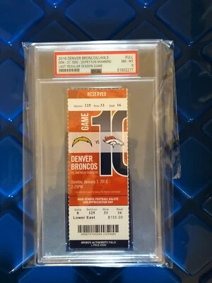 PEYTON MANNING Último Juego, Boleto Final Juego, 2016, PSA CASI NUEVO-COMO NUEVO POP4, NINGUNO Superior Foto 1 de 3