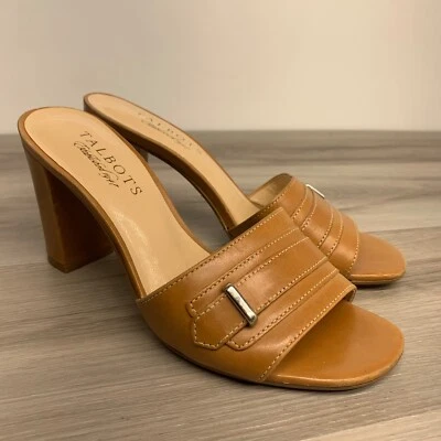 Talbots Sandals Womens 5B Slides Brown Genuine Leather Slip On Block Heel Pump - Image 1 of 4