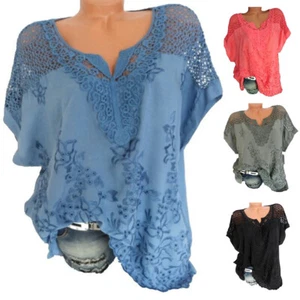 Mujeres Encaje Cuello en V Mangas Cortas Murciélago Camisa Túnica Pulóver Camiseta Prendas para el torso Blusa con - Imagen 1 de 15
