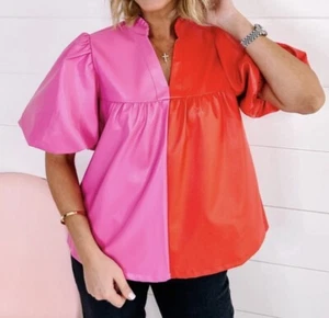 Haut manches bouffantes en simili cuir rose/rouge Colorblock THML taille S neuf avec étiquette - Photo 1/6